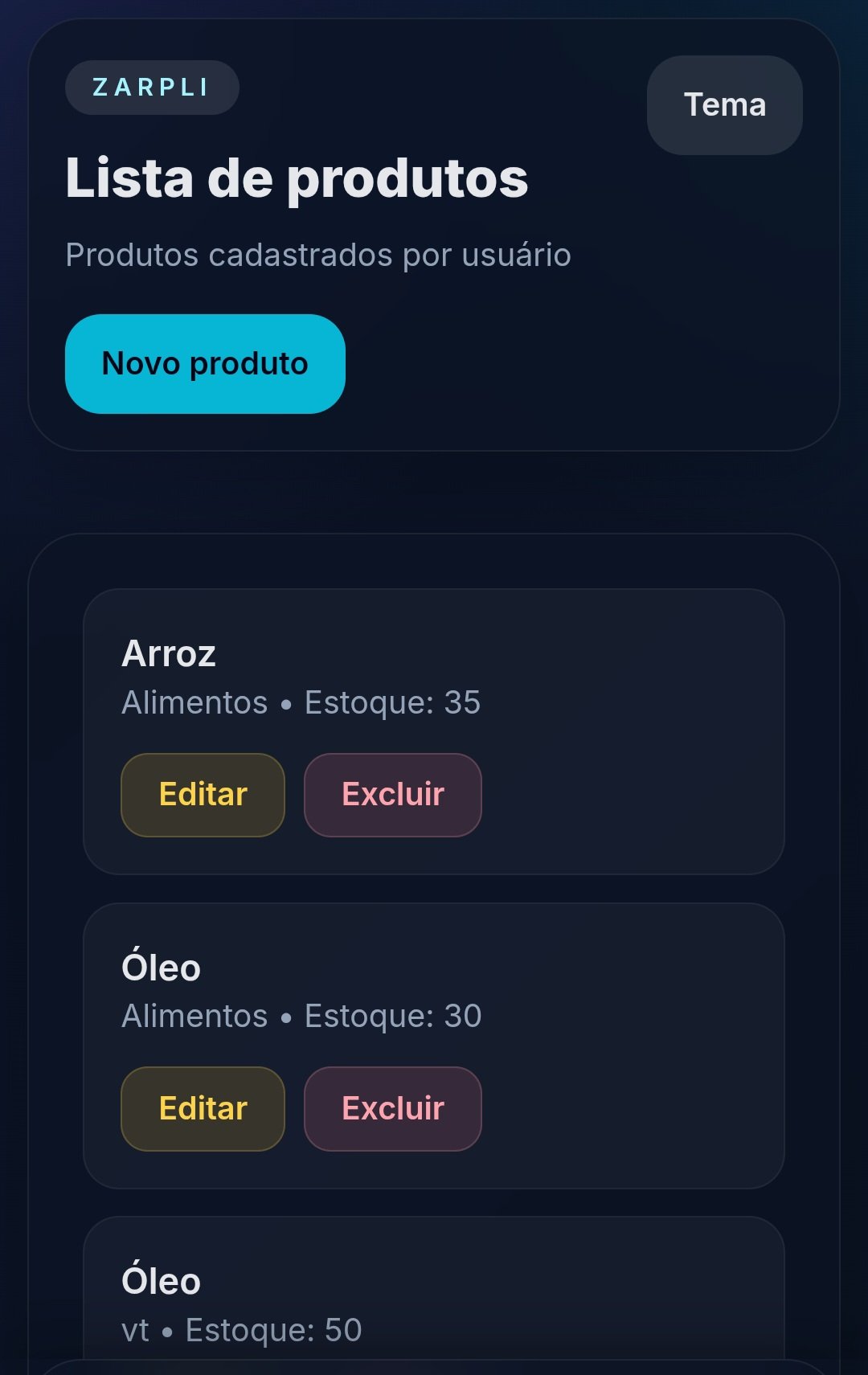 Tela de produtos da ZARPLI