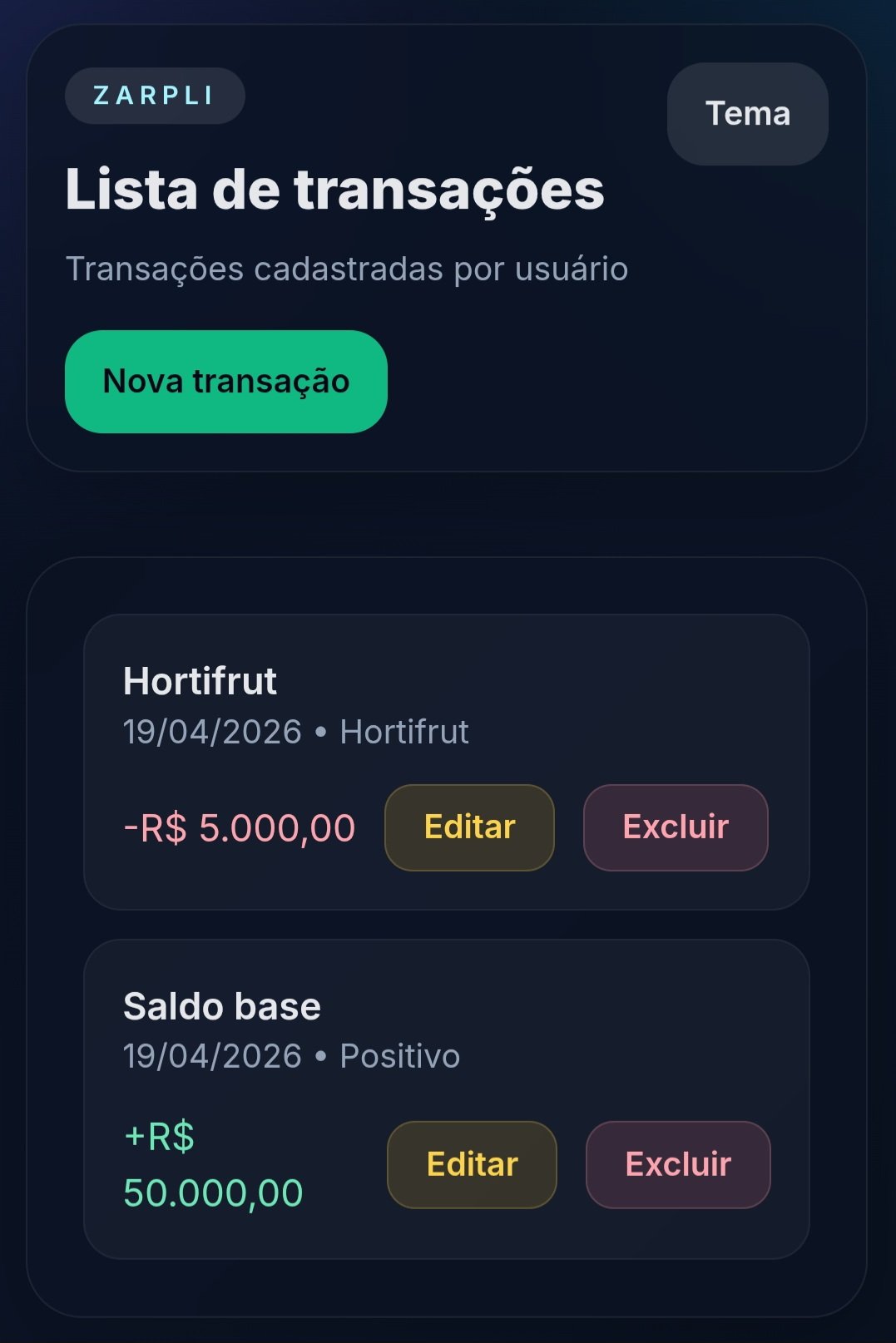 Tela de transações da ZARPLI